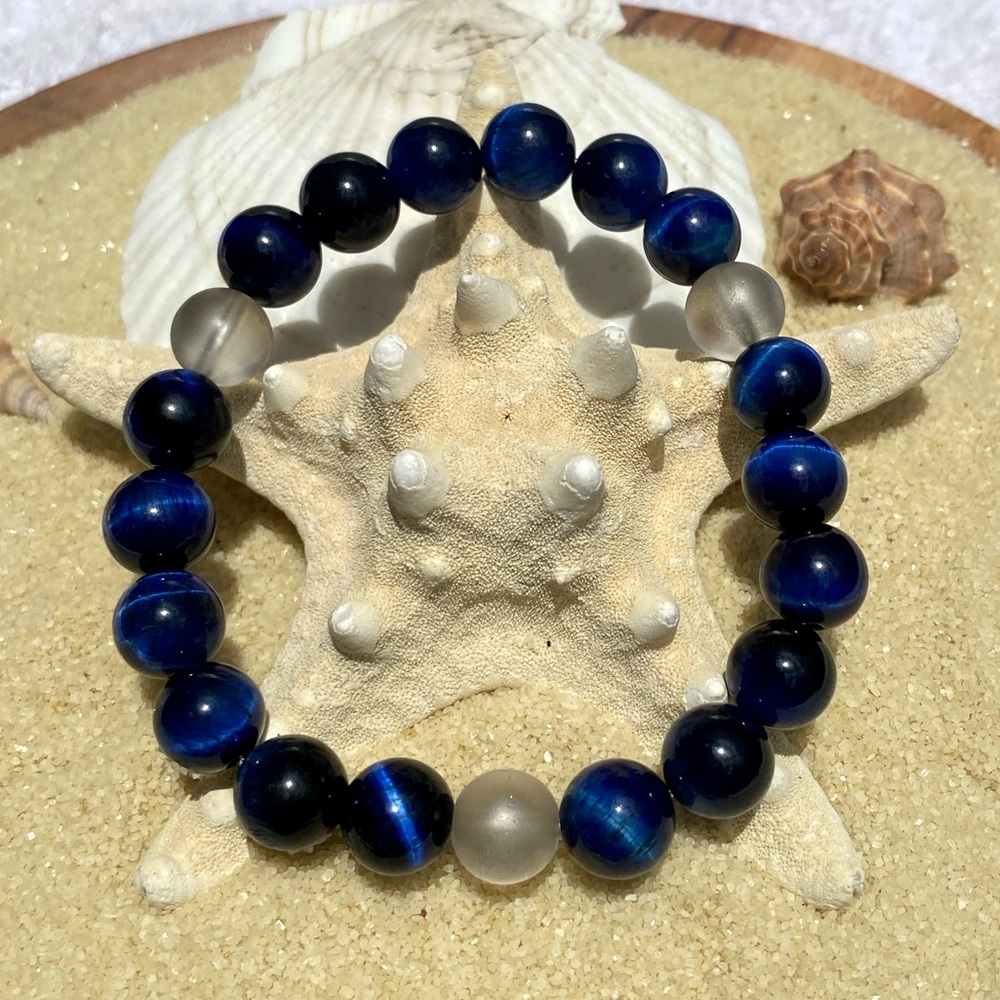 Beaded bracelet - genuine, blue tiger’s eye beads with gray accent beads